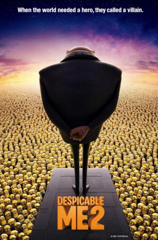 Poster for Despicable Me 2 featuring a man in black on a raised platform racing away from the viewer, as many Minions look up at him.