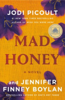 a book cover with purple flowers on a dark yellow background. The title written in red is Mad Honey.