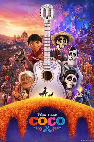 Poster for Disney's Coco featuring a group of characters around a large white guitar