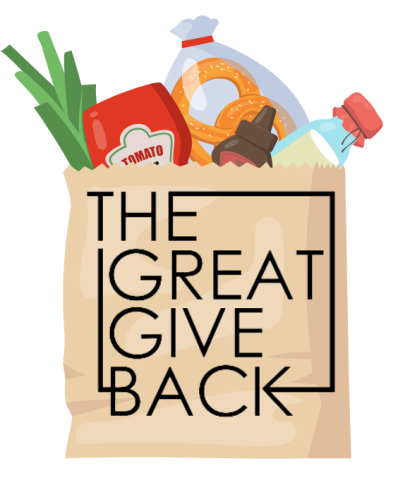 A bag of groceries with the word "The Great Give Back" written on it