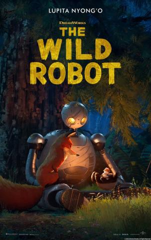 The words The Wild Robot and a robot sitting in the woods at night while holding small animals