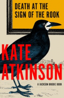 Cover of Death at the Sign of the Rook featuring a black bird standing on a beach with a town in the background, and the title in a picture frame above.