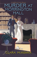 Cover of Murder at Morrington Hall featuring a formally dressed man and woman standing in a partially shaded Study