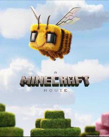 Poster for A Minecraft Movie featuring a square minecraft bumblebee flying in the sky over block bushes.