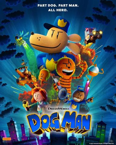 Poster for the mpvie Dog Man featuring the films main characters posing in front of a night sky over a city skyline
