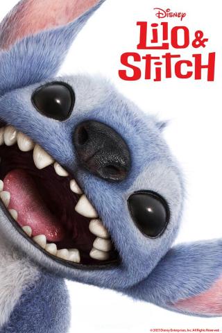 Poster for Lilo & Stitch 2025 remake, showing a smiling Stitch leaning in from the left.