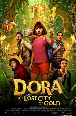 Poster for Dora and the Lost City of Gold featuring Dora and with other characters around her in a jungle with an incan temple in the background