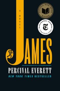 The cover of James by Percival Everett featuring a black background and the word James in large orange text. The J is larger than the other letters and a a man carrying a rucksack is visible in it.