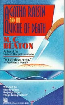 The cover of Agatha Raisin and the Quiche of Death featuring a quiche with a knife sticking out of it.