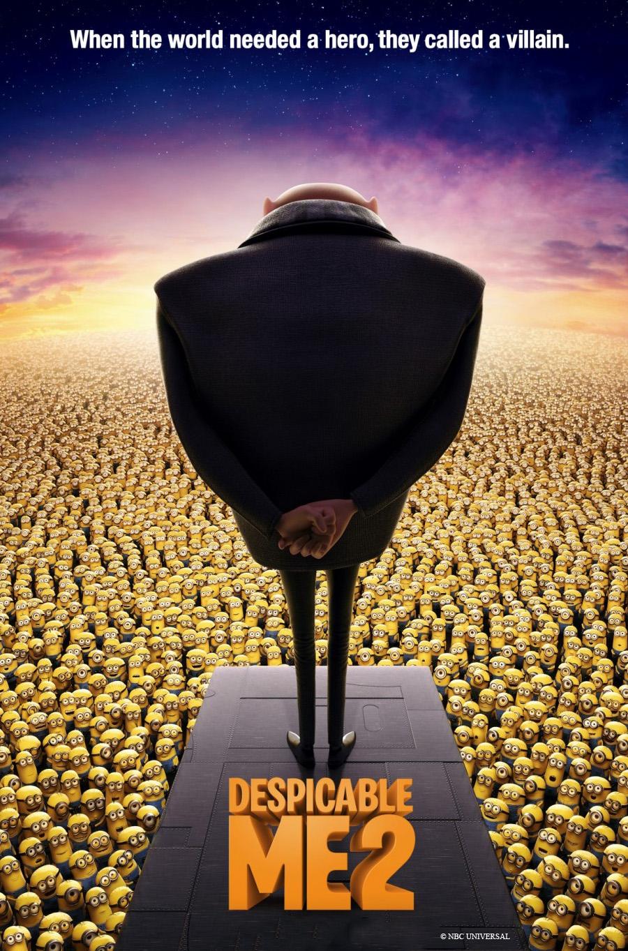 Poster for Despicable Me 2 featuring a man in black on a raised platform racing away from the viewer, as many Minions look up at him.