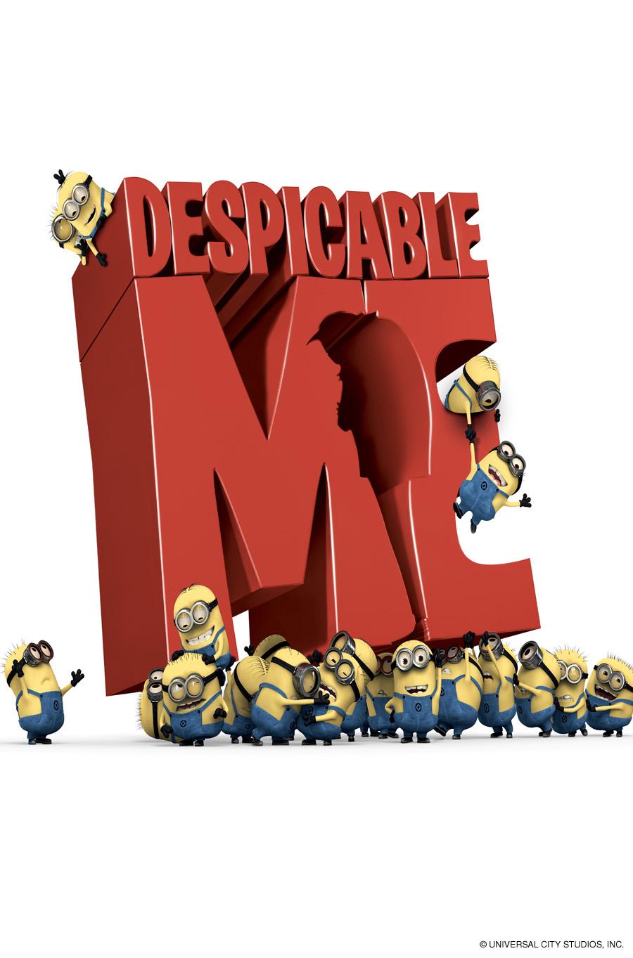 Movie poster for Despicable Me featuring the logo held up by a group of Minions