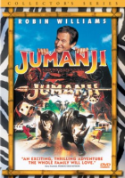 A poster of the movie Jumanji showing a man, a board game, and several rhinos