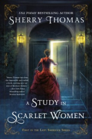 book cover showing a woman in a red dress on the front staits of a home, walking toward an open front door with a light inside.