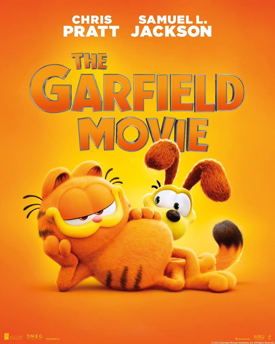 a poster for The Garfield Movie featuring an orange cat and a yellow dog with brown ears