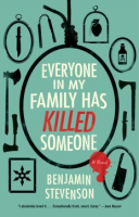 Light blue book cover with a variety of silouetted items around the words Everyone in my Family Has Killed Someone.