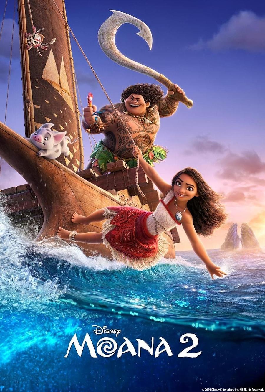 Poster for Moana 2 featuring Moana and Maui on a sailboat in the ocean.